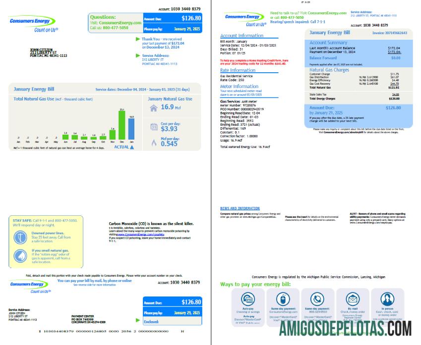 imprimível Modelo de conta de serviços públicos de energia para consumidores dos EUA em formatos Word e PDF, 2 páginas, versão 3
